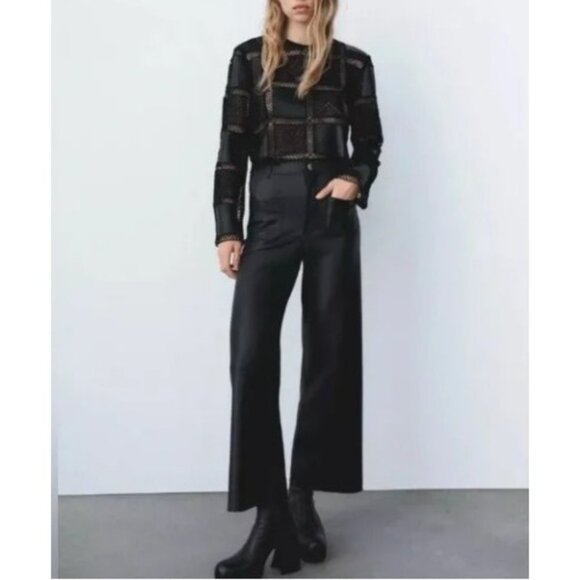 Zara Top Womens Medium Black Vegan Leather Crochet Patchwork Whimsigoth Punk - Picture 1 of 8